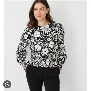 Ann Taylor Blouse Black White Floral Long Sleeve Top Smocked Waistband Size L